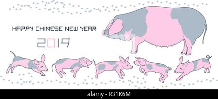 Porcs et porcelets famille. Happy chinese new 2019 année de la carte-cadeau. La Grande Ourse et funny baby piggies. Illustration de Vecteur