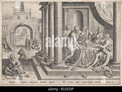 La plaie des grenouilles. En date du : c.1585. Dimensions : Plateau : 20 × 28,6 cm (7 7/8 x 11 1/4 in.) planche : 20,9 × 29,4 cm (8 1/4 x 11 9/16 in.). Technique : gravure sur bois sur papier. Musée : National Gallery of Art, Washington DC. Auteur : Jan Sadeler I, après Maarten van Cleef. Banque D'Images