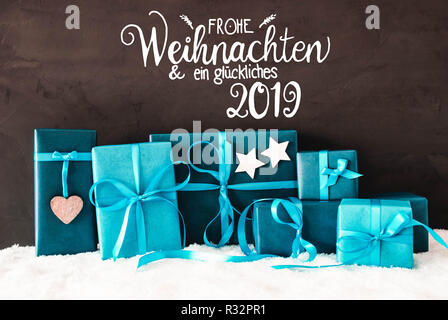Cadeaux Turquoise, Glueckliches 2019 Calligraphie signifie joyeux 2019, neige Banque D'Images