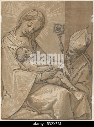 Vierge à l'enfant avec un évêque. En date du : 1591. Fiche technique Dimensions : (découpés à l'intérieur et de frontière) : 27,9 x 21,3 cm (11 x 8 3/8 in.). Technique : gravure sur bois clair-obscur imprimé de trois blocs : bloc ligne brun foncé et deux blocs de tonalité dans des tons de brun sur papier vergé. Musée : National Gallery of Art, Washington DC. Auteur : Andrea Andreani après Alessandro Casolani. Banque D'Images