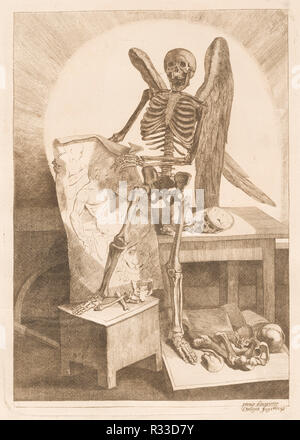 Un squelette ailé tenant un dessin anatomique. En date du : 1779. Dimensions : plaque : 35,2 × 25,1 cm (13 7/8 x 9 7/8 in.) 52,7 × 39,9 feuille : 20 cm (15 3/4 x 16 in.). Technique : gravure et gravure sur bois sur papier. Musée : National Gallery of Art, Washington DC. Auteur : Jacques Gamelin. Banque D'Images