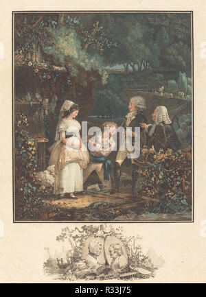 Annette et Lubin. En date du : 1789. Dimensions : hors tout (encadrement extérieur lignes) : 27 x 23 cm (10 5/8 x 9 1/16 in.) planche (découpés dans platemark) : 39,4 x 29,4 cm (15 1/2 x 11 9/16 in.). Technique : gravure et laver, imprimé en bleu, rose foncé, rose vif, jaune, orange, marron, et d'encres noires. Musée : National Gallery of Art, Washington DC. Auteur : Philibert-Louis Debucourt. Banque D'Images