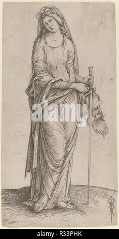 Judith tenant la tête d'Holopherne. En date du : ch. 1501/1503. Fiche technique : Dimensions : 18,5 x 9,5 cm (7 5/16 x 3 3/4 in.). Technique : gravure. Musée : National Gallery of Art, Washington DC. Auteur : Jacopo de' BARBARI. Banque D'Images