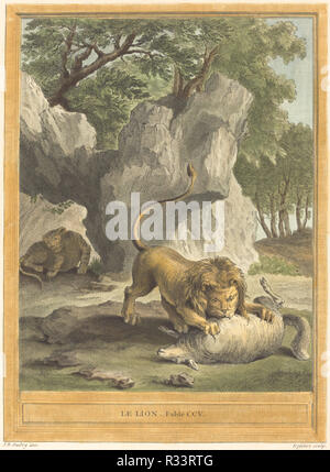 Le lion (Le Lion). En date du : publié en 1759. Technique : gravure colorés à la main. Musée : National Gallery of Art, Washington DC. Auteur : A. -J. de Fehrt après Jean-Baptiste Oudry. Banque D'Images