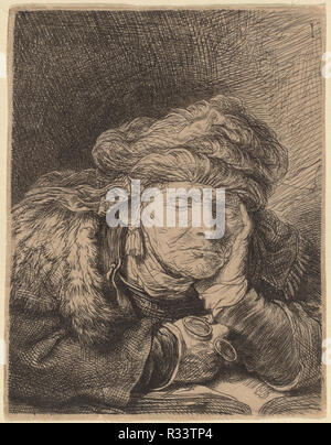 Vieille Femme dormir. En date du : ch. 1635/1637. Technique : gravure. Musée : National Gallery of Art, Washington DC. Auteur : REMBRANDT, Harmenszoon van Rijn. Banque D'Images