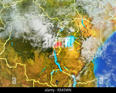 Le Rwanda à partir de l'espace sur le modèle de la planète Terre avec des frontières du pays. Détails extrêmement précis de la surface de la planète et les nuages. 3D illustration. Éléments de cette Banque D'Images