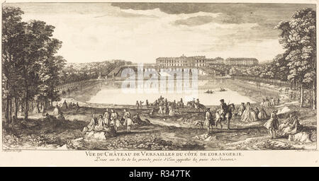 Vue du chateau de Versailles du cote de l'Orangerie. Technique : gravure et gravure. Musée : National Gallery of Art, Washington DC. Auteur : Jean-Baptiste Rigaud. Banque D'Images