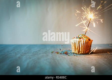 Cupcake avec burning sparkler et copiez l'espace pour félicitations Banque D'Images