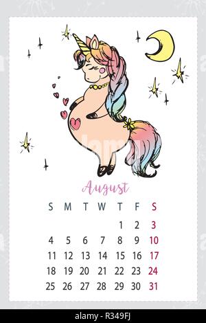 Calendrier 2019 avec mignon,licorne cheval magique dessiné à la main Illustration de Vecteur