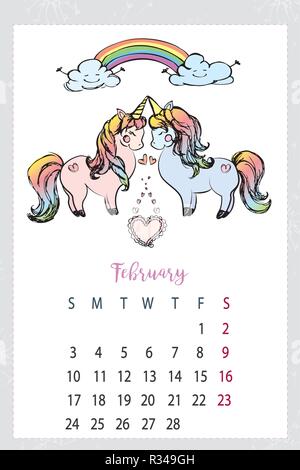 Calendrier 2019 avec mignon,licorne cheval magique dessiné à la main Illustration de Vecteur