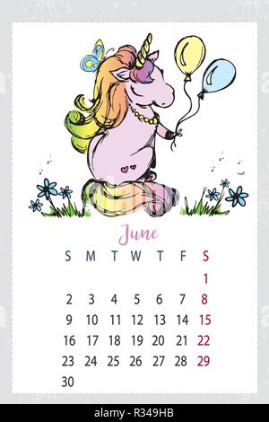Calendrier 2019 avec mignon,licorne cheval magique dessiné à la main Illustration de Vecteur