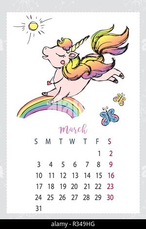 Calendrier 2019 avec mignon,licorne cheval magique dessiné à la main Illustration de Vecteur