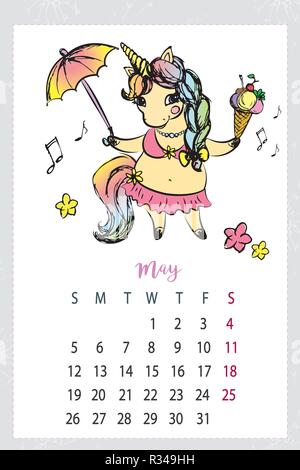 Calendrier 2019 avec mignon,licorne cheval magique dessiné à la main Illustration de Vecteur