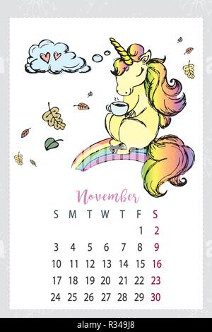 Calendrier 2019 avec mignon,licorne cheval magique dessiné à la main Illustration de Vecteur