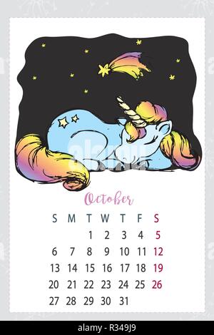 Calendrier 2019 avec mignon,licorne cheval magique dessiné à la main Illustration de Vecteur
