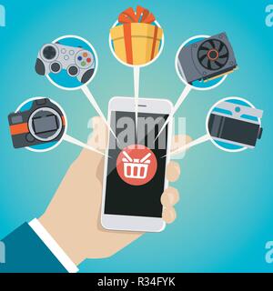 Main humaine, smart phone, panier, l'icône de marchandises Illustration de Vecteur