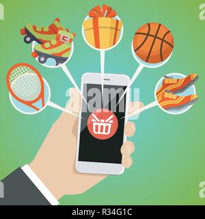 Main humaine, smart phone, panier, l'icône de marchandises Illustration de Vecteur