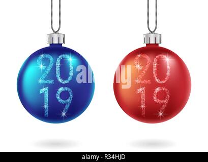 Ensemble de boules rouges et bleues de Noël brillantes isolées. Boule scintillante à paillettes avec 2019 textes. Noël et nouvel an pour la décoration de vacances Illustration de Vecteur