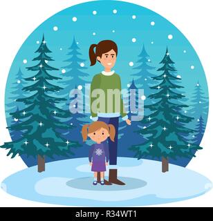 Mère et fille avec des vêtements d'hiver en snowscape vector illustration Illustration de Vecteur