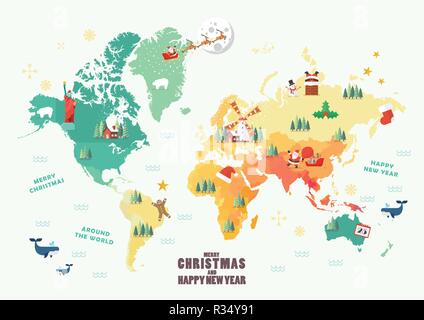 Carte du monde avec des éléments de Noël. Vector illustration Illustration de Vecteur