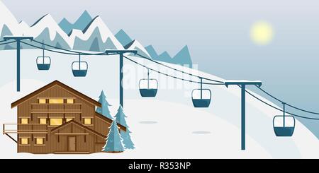 Chalet en bois confortable dans les montagnes. Paysage de montagne. Style plat. Ski Resort. Illustration de Vecteur