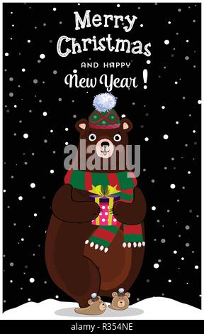 Joyeux Noël, bonne année carte de voeux de cute cartoon cheerful portent en caractères bonnet et écharpe en tricot avec boîte-cadeau on snowy winter Night fil Illustration de Vecteur