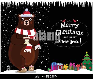 Joyeux Noël, bonne année carte de voeux de cute cartoon cheerful supporter caractère dans santa hat and scarf with gift box on snowy winter Night lands Illustration de Vecteur