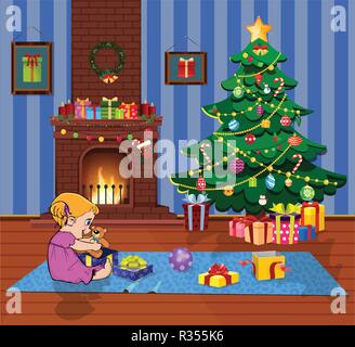 Cute cartoon vector illustration de kawaii petite fille cadeaux ouvert avec présente dans décoré salon avec cheminée et d'arbre de Noël. Illustration de Vecteur