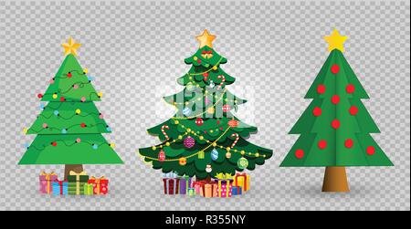 Jeu de cute cartoon des sapins de Noël. Star décorations, boules, guirlandes et beaucoup de boîtes cadeaux isolé sur fond transparent. Vector illustrat Illustration de Vecteur