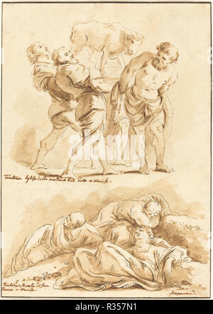 L'adoration du veau d'or et le Christ au mont des Oliviers. En date du : 1775. Fiche technique Dimensions : (découpés à l'intérieur d'une plaque mark) : 18,6 x 13,2 cm (7 5/16 x 5 3/16 in.). Médium : counterproof d'un gravage retravaillée en lavis sur papier vergé. Musée : National Gallery of Art, Washington DC. Auteur : Jean Claude Richard de Saint-Non après Jean-Honoré Fragonard après Jacopo Tintoretto. Banque D'Images