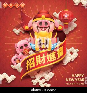 Lovely piggy bureaucrate holding conception de lingots d'or avec bonne année et qui désirent la richesse vient à vous mots écrits en caractères chinois sur la coopération printemps Illustration de Vecteur