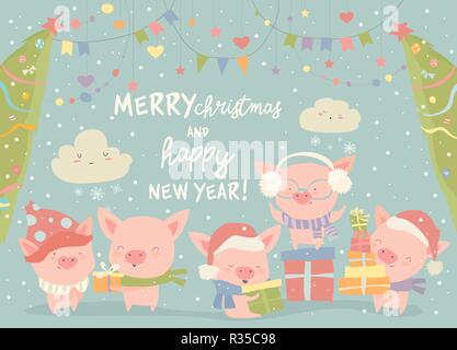 Les porcs Funnycartoon avec cadeaux de Noël. Joyeux Noël Illustration de Vecteur