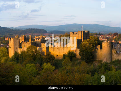 Lumière du soir sur Ludlow Castle seen from Common Whitcliffe, Shropshire. Banque D'Images