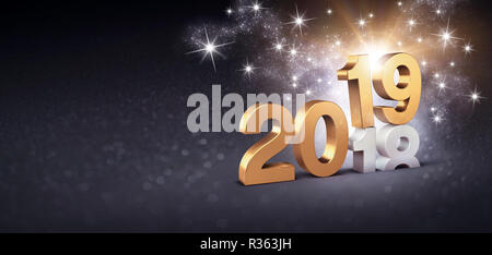 Nouvelle année date nombre 2019 en or de couleur au-dessus, se terminant en 2018, scintillant sur un fond noir - 3D illustration Banque D'Images