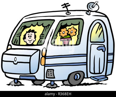 Cartoon Vector illustration d'un garçon dans la caravane prêt pour les vacances Banque D'Images