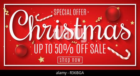 Bannière web de Noël pour la vente. Boules rouges. Confetti et serpentine. Étoiles d'or et sucettes. Jouets sur le conseil. Offre spéciale. Vector illustration. Illustration de Vecteur