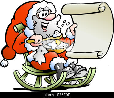 Vector illustration dessinée à la main d'un Père Noël regarde sur sa liste de souhaits Banque D'Images