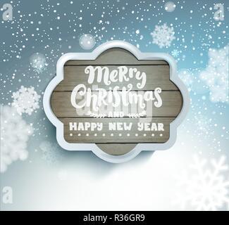 Joyeux Noël et Bonne Année le lettrage dans un cadre en bois gris sur fond neigeux brouillée avec flocons.Vector illustration. Illustration de Vecteur