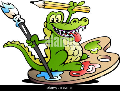 Vector illustration dessinée à la main d'un heureux Artiste Créateur Crocodile Banque D'Images