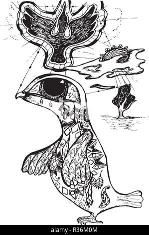 Noir blanc illustration d'un oiseau mystique avec l'ornement. Rêves d'oiseaux de voler, les arbres sur l'horizont. Illustration de Vecteur