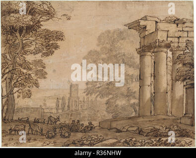 Paysage avec ruines, pastorale, chiffres et d'arbres. En date du : ch. 1650. Dimensions : hors tout : 20,2 x 26,6 cm (7 15/16 x 10 1/2 in.). Médium : plume et encre brune avec du graphite et lavis sur craie noire, rehaussée de craie blanche, sur papier préparé à l'abricot. Musée : National Gallery of Art, Washington DC. Auteur : Claude Lorrain. Banque D'Images