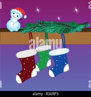 Affiche du nouvel an. Chaussette de Noël. Bonhomme de neige. Arbre de Noël. Astérisque. Vecteur Illustration de Vecteur