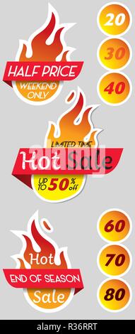 Vente d'articles, promotions, offres. Autocollants. Offre spéciale ce week-end, grosse vente, super promotions. Hot Sale banner Illustration de Vecteur