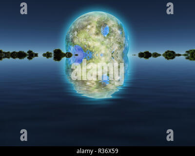 Surreal art numérique vert des arbres dans l'eau. Lune terraformée géant dans le ciel. Banque D'Images