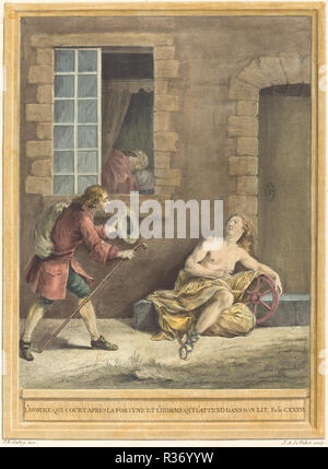 L'homme qui court après la fortune et l'hommequi l'assister dans son lit (l'homme qui la fortune des tribunaux et l'homme qui dort dans le lit). En date du : publié 1756. Technique : gravure colorés à la main. Musée : National Gallery of Art, Washington DC. Auteur : A. -J. de Fehrt après Jean-Baptiste Oudry. Banque D'Images