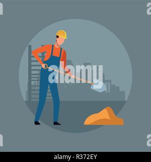 Construction Worker avatar avec pelle sur cityscape icône ronde vector illustration graphic design Illustration de Vecteur