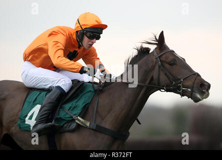 Erick Le Rouge monté par Chester Williams remporte la mise en liberté sous condition de Sodick Jockeys' Handicap Hurdle à l'hippodrome de Warwick. Banque D'Images