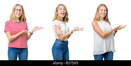 Collage de belle femme blonde sur fond blanc fond isolé pointe vers le côté avec la main et ouvrez Palm, la présentation de votre annonce smiling happy et se confient Banque D'Images