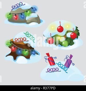 Ensemble de décorations de Noël et de neige de noël isolé sur fond gris. Cartoon Vector illustration close-up. Illustration de Vecteur