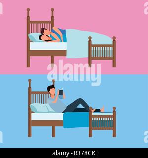 Routines au home dans le lit avatar cartoons vector illustration graphic design Illustration de Vecteur